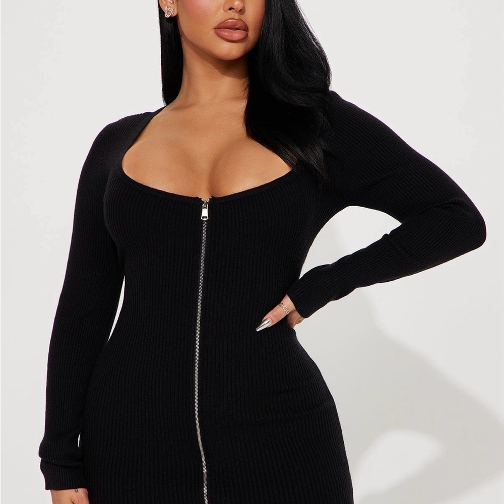 NWT!-Fashion Nova Black Long Sleeve Zip Front Ribbed Bodycon Dress